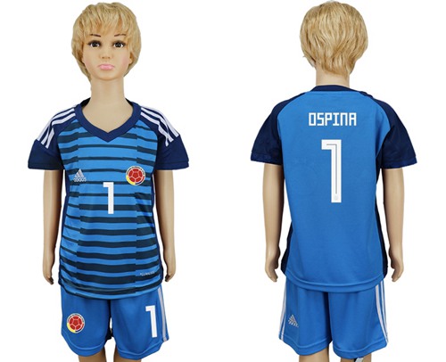Colombia #1 Ospina Blue Goalkeeper Kid Soccer Country Jersey - Click Image to Close